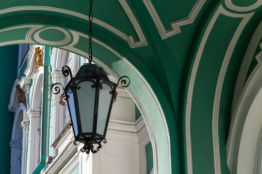 An ancient lantern that hangs in the arch of one of the entrances to the Hermitage in St. Petersburg
