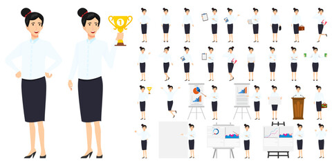 Businesswoman character set with different pose doing different actions jumping standing with presentation board with sales graph chart podium isolated