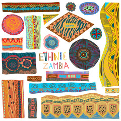 Ethnic Zambia patterns collection. Tribal African ornaments and textures set. Isolated design elements. Colourful vector illustration - 471461573