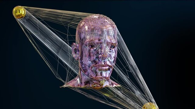 loop animation of metalic balls, human face, bust, wireframe, abstract art 3d sphere, Motion design template, Dynamic composition, Oddly satisfying,  3d render