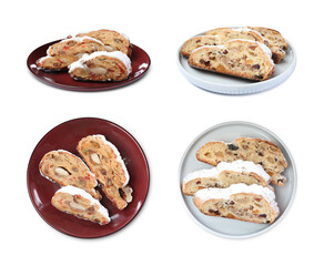 Set with traditional Christmas Stollens on white background
