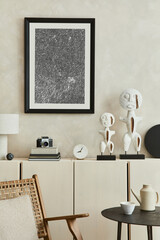 Creative composition of modern beige living room interior design with designed sculptures, mock up poster frame, beige wooden sideboard and personal accessories. Template.