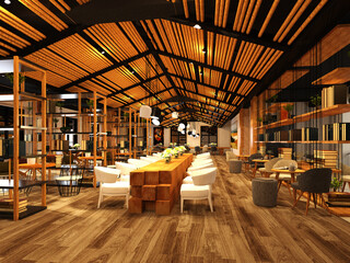 3d render of restaurant cafe interior, wooden style