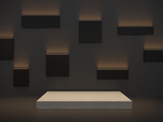 3d rendering concrete box podium, box decors, lights and black wall