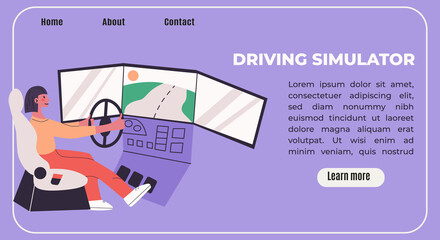 .Young woman learn to drive with gaming wheel. Driving school, simulation driving lesson. Flat vector modern isolated banner in trendy colors