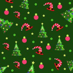 Cute and seamless christmas pattern with vector drawn elements. decorated with green trees, santa hats and stars on a hunter background