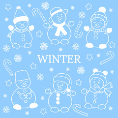 Winter set with cute snowmen, white outline on light blue background