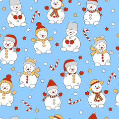 Seamless pattern with cute Christmas snowmen on light blue background