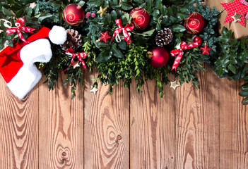 Fototapeta na wymiar Christmas background with decoration ball , Red celebration balls on wooden board