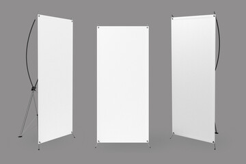 Set of blank X-stand banners display template isolated on gray background with clipping path. 3d rendering.