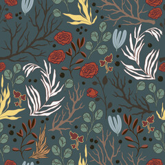 Seamless pattern with floral elements. Decorative wallpaper in vintage gothic style. Vector illustration