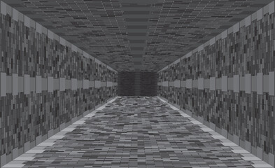 Tunnel lined with gray tiles. Digital wireframe tunnel. 3D corridor. Background abstract image