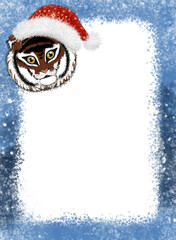Christmas greeting card. The symbol of the year of the tiger in a New Year's hat. Stock new year illustration.