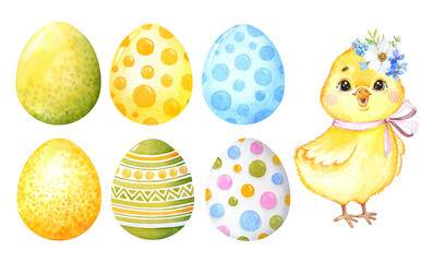 Watercolor illustration. Set of Easter egg. Cute Easter chicken.
