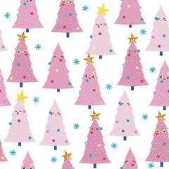 Christmas seamless pattern with cute pink trees and stars. Holiday print. Vector hand drawn illustration.