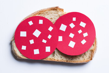 The slice of bread with paper cut out salami.