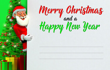 Santa Claus 3D character showing white board with Merry Christmas greeting. Christmas background template with space for text. 3d representation
