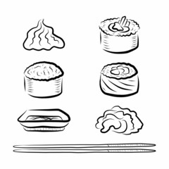 A set of sushi in a linear style-rolls, sticks, sauce, ginger, wasabi.