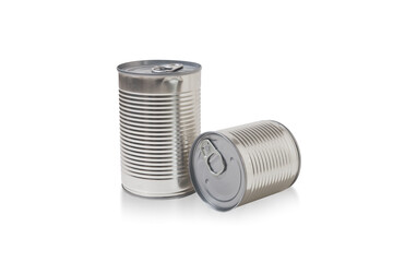 Two closed tin cans isolated on white background. Aluminum,canned food.