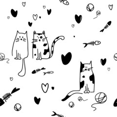 Seamless pattern. Cute black march cats. I love you. Valentine's Day. Great for postcards, stickers, fabric and textile. White isolated background. - 471467178