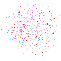Colored circle pattern with geometric elements on white. Holiday background with confetti. Texture from glitters. Festive frame. Print for banners, posters, t-shirts and textiles. Greeting cards