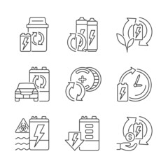 Battery processing linear icons set. Accumulators reuse. Recycling technology. E-waste correct disposal. Customizable thin line contour symbols. Isolated vector outline illustrations. Editable stroke
