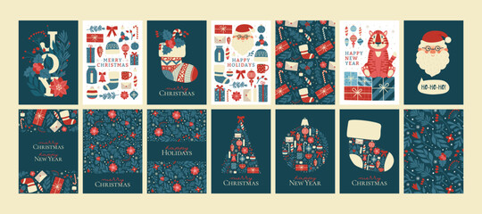 Fototapeta na wymiar Big set of different Christmas and New Year cards.Collection illustrations and seamless winter holiday patterns and backgrounds. Print for banner, invitation, wrapping paper,cover.Tiger symbol 2022.