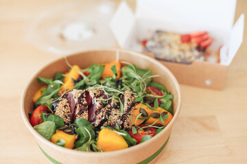 tuna salad, healthy, delivery, salad to go, take away, paper box, delivery lunch
