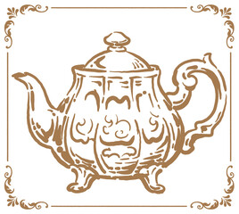ティーポット。銀食器、アンティーク小物。ベクターイラスト素材