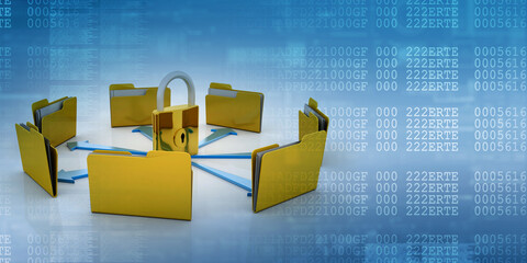 Yellow folder and lock. Data security concept. 3D rendering
