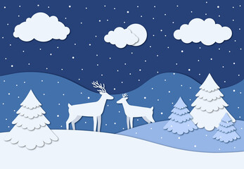 Fototapeta na wymiar Winter paper cut out effect illustration with deer