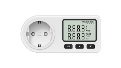 Digital wattmeter for power outlet. Power meter with LCD display and socket. Vector illustration.