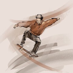 A young skateboarder training in a skatepark, jumping on a skateboard into the air with a coup