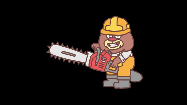 Builder beaver in hard hat holding chainsaw and smiling. Frame by frame animation. Alpha channel. Looped animation