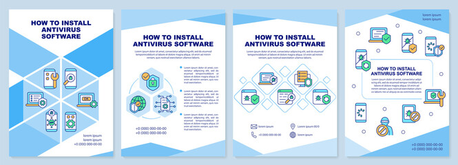 Fototapeta na wymiar Antivirus software installation tips brochure template. Flyer, booklet, leaflet print, cover design with linear icons. Vector layouts for presentation, annual reports, advertisement pages
