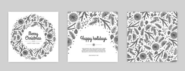 Merry Christmas artistic templates. Corporate Holiday cards and invitations. Floral frames and backgrounds design.