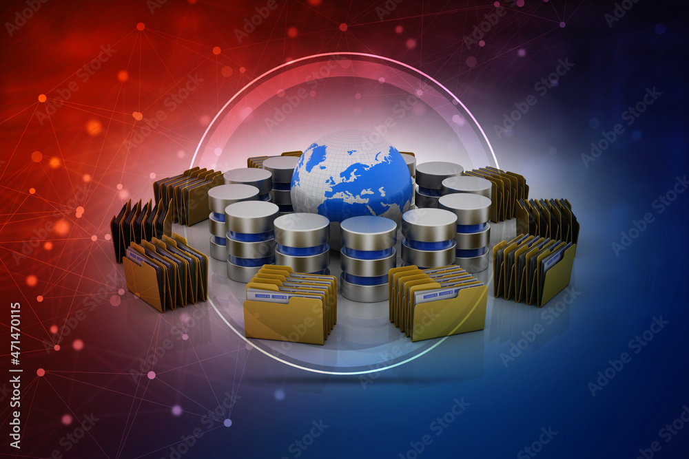 Poster 3d rendering database storage data base folder storage with globe