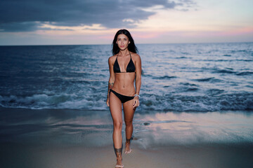 Vacation on the seashore.Young beautiful woman with long brunette hair on the sand beach at sunset time.