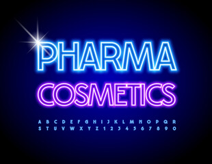 Fototapeta na wymiar Vector trendy banner Pharma Cosmetics. Light tube Font. Blue Neon Alphabet Letters and Numbers