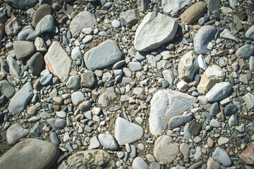 Sea stones background with small pebbles or stone in garden or in the seaside or on a beach. A close up view of rounded smooth polished pebble stones