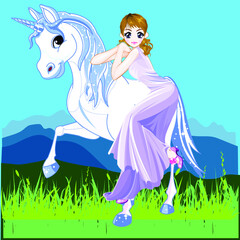 unicorn Fairy tale background with flower meadow, castle, rainbow, lake. Wonderland. Magical landscape. 