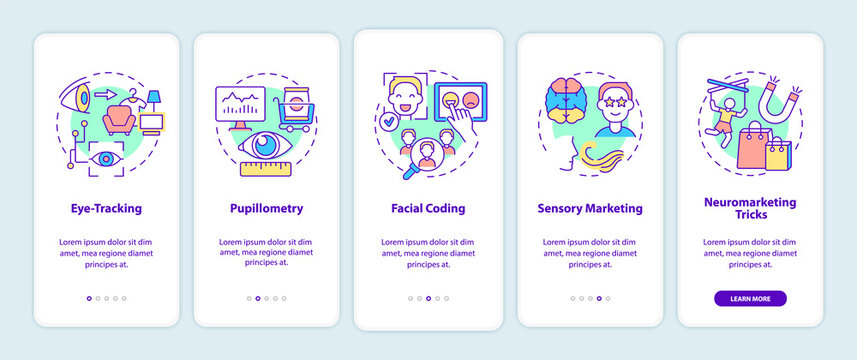 Neuromarketing techniques onboarding mobile app page screen. Eye-tracking walkthrough 5 steps graphic instructions with concepts. UI, UX, GUI vector template with linear color illustrations