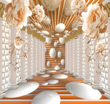 3d Wallpaper Orange And White Flowers On Tunnel With White Balls Background