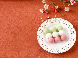 Sanshoku Dango Japanese Mochi  (Three Colored Dumplings), Cherry Blossom Hanami Dango