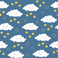 Seamless pattern of smiling clouds and stars on blue background. Cartoon character in flat style
