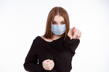 Young girl in a protective mask from the virus on a white background