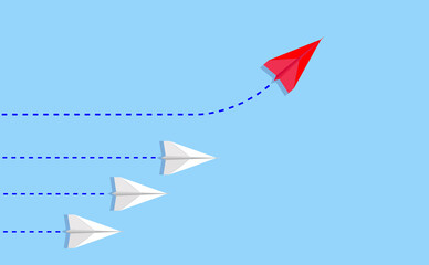 Different thinking, Courage to risk. leadership concept. Red paper plane changing direction from the group. Flat vector illustrations