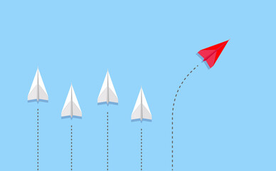 Different thinking, Courage to risk. leadership concept. Red paper plane changing direction from the group. Flat vector illustrations
