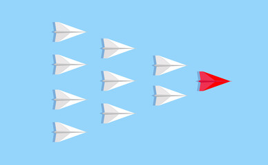 Leadership concept. Lead airplane stand out of other paper plane follower. Paper plane fly over blue background. Vector illustration