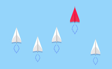 Business and leadership concept. Red leader paper plane lead other. Vector illustration